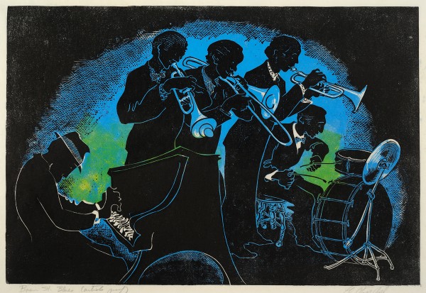 Images on display in the Museum of Art exhibition “Convergence” include "Basin Street Blues," a linocut (artist's proof) by Lila Oliver Asher, no date on permanent loan from the Jean and Robert Steele Collection.
