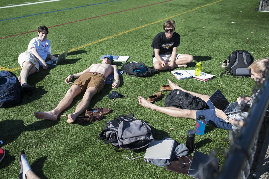 Bates students enjoy a beautiful 70 degree Monday to start finals week.
