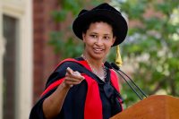 "Our Declaration" author and Harvard professor Danielle Allen gestures during her Convocation address at Bates. (Phyllis Graber Jensen/Bates College)