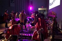 A March 21 rehearsal in the Olin Concert Hall for "Space is the Place." (Gina Fatone/Bates College)