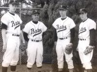 Thom Freeman '63 poses with head coach Chick Leahey '53, slugger Howard Vandersea '63, and (Muskie Archives and Special Collections Library)