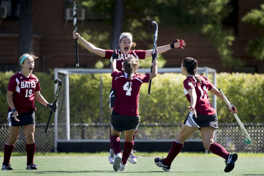 During Bates’ 3-0 victory over Wesleyan, leaping Jessie Moriarty '19 of Springfield, Mass., celebrates the second of her two goals with teammate Caroline O'Reilly '18 (4) of Longmeadow, Mass. (Phyllis Graber Jensen/Bates College)