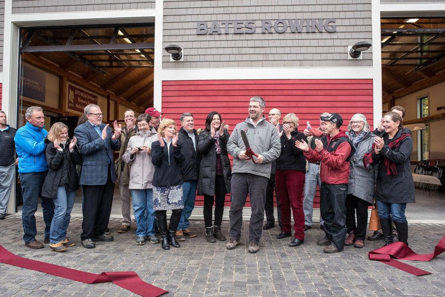Head coach Peter Steenstra completes the ribbon cutting. (Andree Kehn for Bates College)