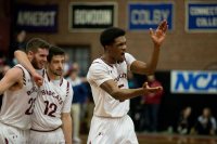 Marcus Delpeche '17 of Wilmington, Del., (right) scored a game-high 28 points on 10 of 16 shooting and Jerome Darling added a career-high 21 points in an impressive 84-72 win for the Bates men's basketball team over No. 4 nationally ranked Tufts University Saturday afternoon at Alumni Gymnasium. With Delpeche are teammates Nick Gilpin '20 of Hampden, Maine, and Justin Zukowski '18 of Portland, Maine.