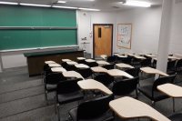 In support of "active learning," Carnegie 339 will lose its tiered seating and lab bench -- and with them its frontward focus -- but will gain whiteboards all around and tables that enable a variety of furniture placement. (Doug Hubley/Bates College)