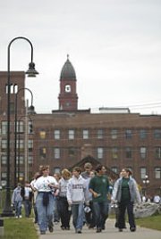 Bates first-year students visit Lewiston's mill district in the 2003 downtown tour. Bates first-year students visit Lewiston's mill district in the 2003 downtown tour.