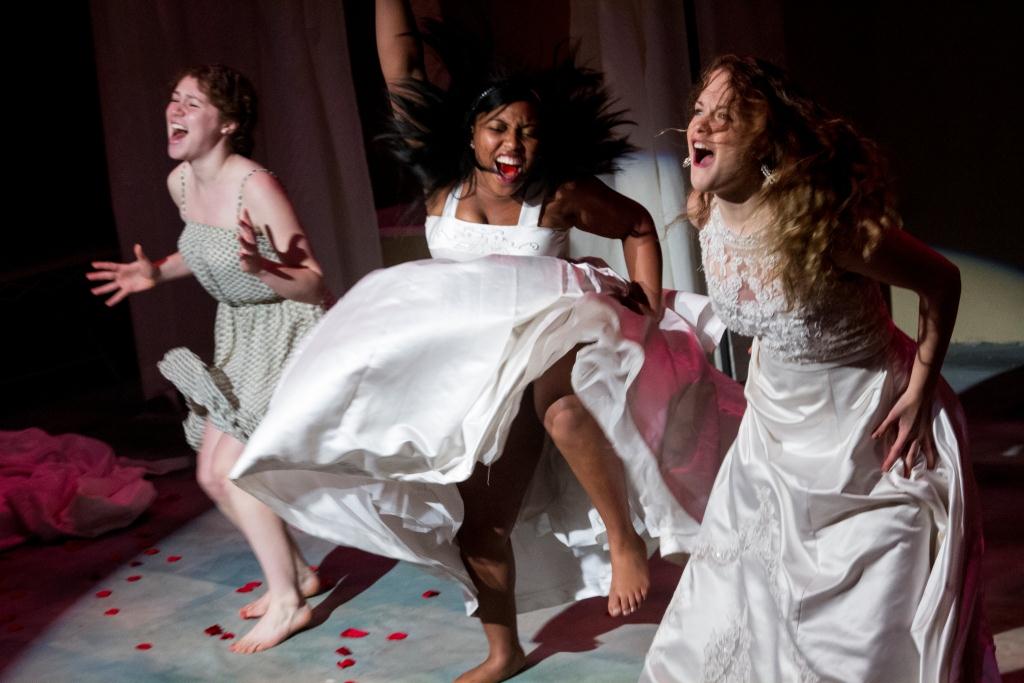 Dress rehearsal for "Big Love" in Gannet Theater.  By Charles Mee. A contemporary comedy inspired by Aeschylus? "The Suppliant Maidens" is brought to life at Bates by New York-based guest director Peter Richards.