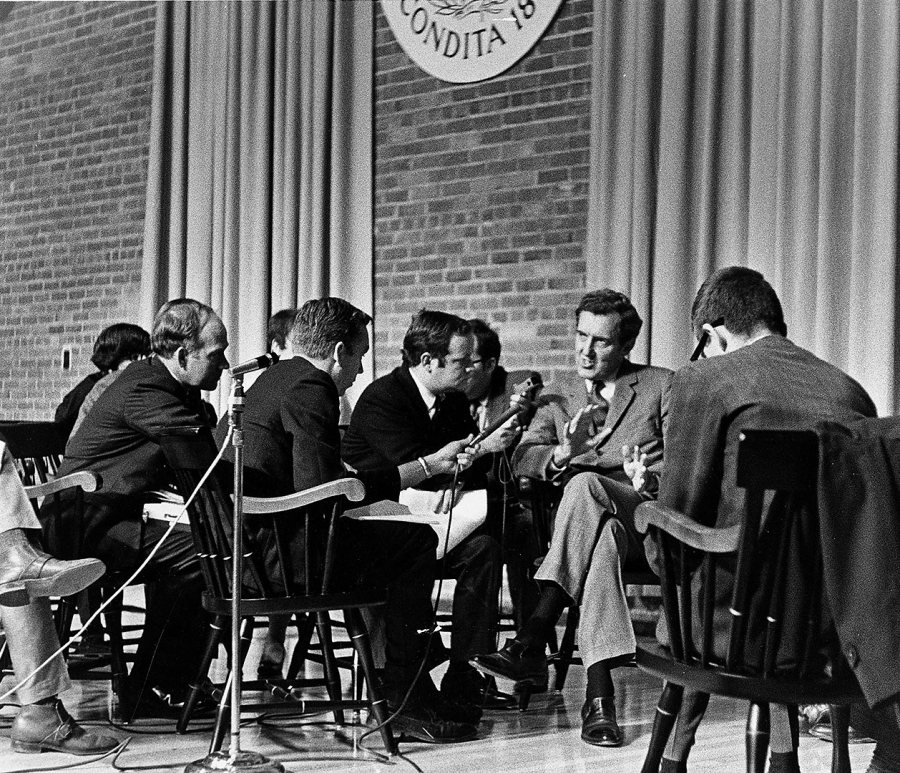 U.S. Sen. Edmund Muskie is interviewed by the media during his visit to Bates to deliver an address on the Vietnam Moratorium, Oct. 15, 1969. (Muskie Archives and Special Collections Library) 