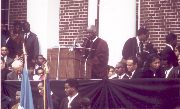 Benjamin Mays '20, then recently retired as president of Morehouse College, delivers the final eulogy for the Rev. Martin Luther King Jr. at Morehouse on April 9, 1968. Photograph courtesy of Baylor University.