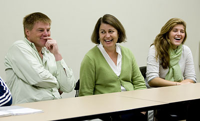 At top, parents Susan and John Wilson share a laugh with daughter Keller ’12 (right) of Darien, Conn., during the first-year seminar Ancient Myths, Modern Movies, taught by Associate Professor of Classical and Medieval Studies Lisa Maurizio. 