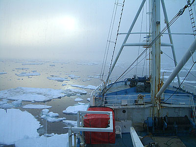 Greg Henkes ’08, one of Will Ambrose’s thesis students, took this photograph at 3 a.m. on June 3, 2007, as the research shipLance heads through sea ice in Storfjord in the Svalbard archipelago, about halfway between the North Pole and Norway.
