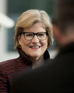 Clayton Spencer will step down as president of Bates College a year from now, on June 30, 2023. Here, Spencer greets students and alumni prior to the public launch of the Bates Campaign on May 16, 2017, at the Museum of Fine Arts in Boston. (Phyllis Graber Jensen/Bates College)