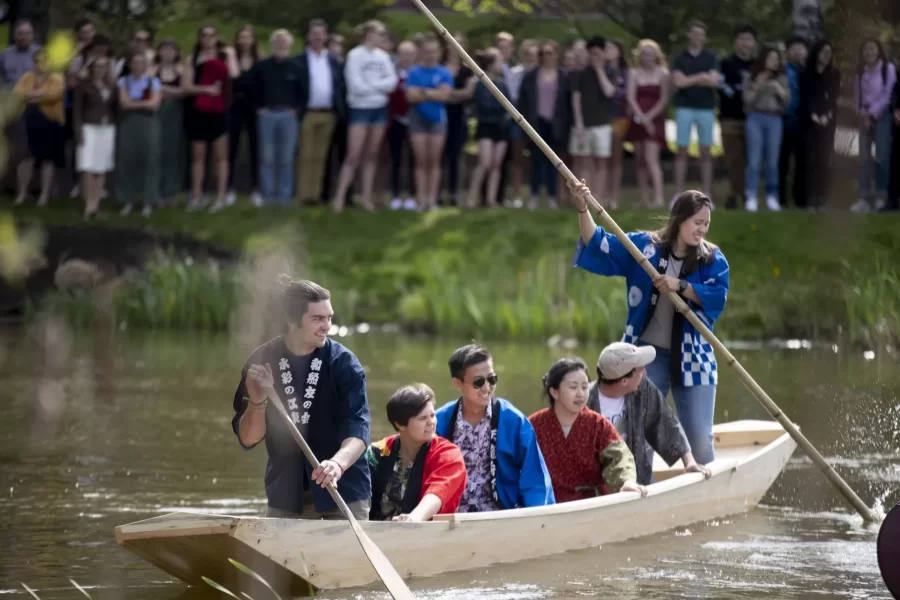 Students in Douglas Brook’s practitioner-taught Short Term course, “Apprentice Learning: Building the Japanese Boat,” launched their boats in a traditional Japanese boat launching ceremony on the Puddle at 3:30 p.m., a prelude to The Annual Showcase Event for Short Term Redesigns and Practitioner Taught Courses held in the Perry Atrium of Pettengill Hall.
.