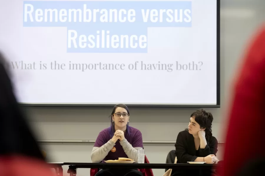 SPARQ+ Mentor Elysia Garza '22 of Houston, Texas (she/her/hers), facilitates the discussion. With her is Program Coordinator Ombudsperson for the Office of Intercultural Education Natalie Bornstein.
The Office of Intercultural Education and the Program in Gender & Sexuality Studies invites the full Bates community to join us in recognizing Transgender Day of Remembrance & Resilience, next Monday, November 18th. Transgender Day of Remembrance & Resilience is observed annually to commemorate those who have been lost to transphobic violence. There will be an Out2Lunch discussion hosted by the OIE's SPARQ! Peer Mentors focusing on the history of the day, the current landscape of resources for trans people at Bates and in the Lewiston-Auburn community, laws and current events impacting trans communities locally and nationally, and the importance of both remembrance and resilience. The discussion will feature panelists, Assistant Professor of Gender & Sexuality Studies, Ian Khara Ellasante and Outright L/A Program Director, Chai Johnson. The Out2Lunch discussion will take place at noon in Commons 221. At 5pm in the Office of Intercultural Education, a vigil will be held for those who were lost to transphobic violence in 2019. Following the vigil, there will be a celebration of trans resilience. We hope you will be able to join us for all or part of Transgender Day of Remembrance and Resilience!