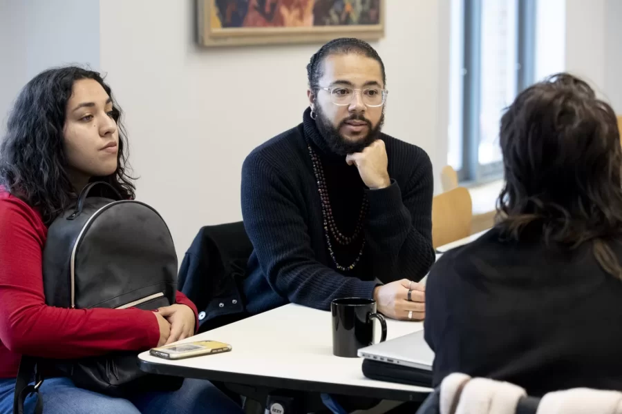 DO NO USE IN MARKETING - Elysia has requested not to have her image used in Bates promotional materials.
SPARQ+ Mentor Elysia Garza '22 of Houston, Texas (she/her/hers), facilitates the discussion. With her is Program Coordinator Ombudsperson for the Office of Intercultural Education Natalie Bornstein.
The Office of Intercultural Education and the Program in Gender & Sexuality Studies invites the full Bates community to join us in recognizing Transgender Day of Remembrance & Resilience, next Monday, November 18th. Transgender Day of Remembrance & Resilience is observed annually to commemorate those who have been lost to transphobic violence. There will be an Out2Lunch discussion hosted by the OIE's SPARQ! Peer Mentors focusing on the history of the day, the current landscape of resources for trans people at Bates and in the Lewiston-Auburn community, laws and current events impacting trans communities locally and nationally, and the importance of both remembrance and resilience. The discussion will feature panelists, Assistant Professor of Gender & Sexuality Studies, Ian Khara Ellasante and Outright L/A Program Director, Chai Johnson. The Out2Lunch discussion will take place at noon in Commons 221. At 5pm in the Office of Intercultural Education, a vigil will be held for those who were lost to transphobic violence in 2019. Following the vigil, there will be a celebration of trans resilience. We hope you will be able to join us for all or part of Transgender Day of Remembrance and Resilience!