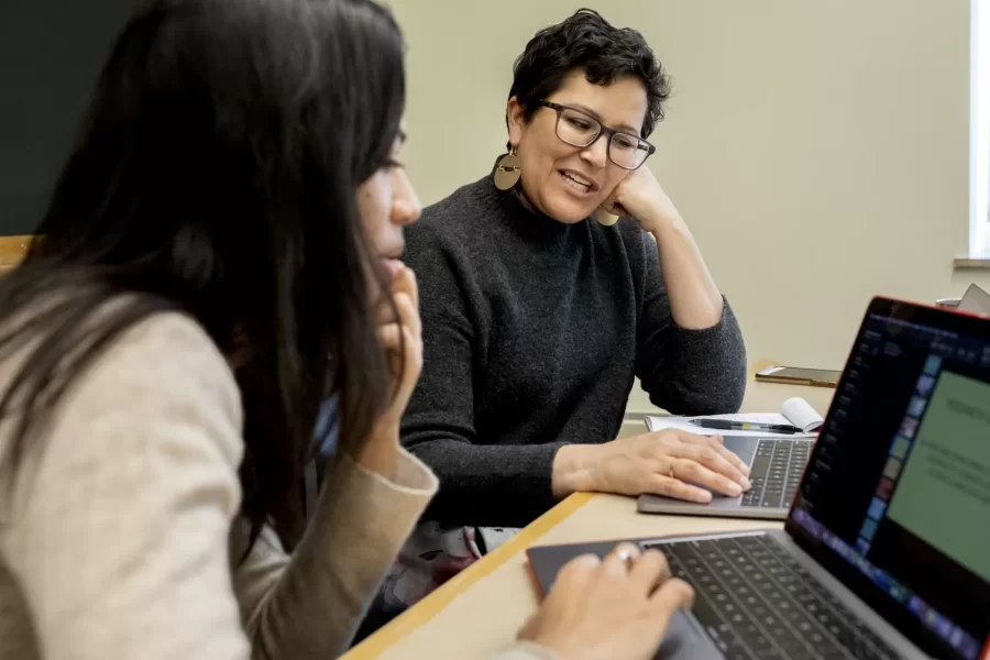 Associate Professor of Politics Clarisa Perez-Armendariz holds thesis meetings from 1-4 p.m. in Pettengill 127. Here she meets with David Quintero '20 of Oxnard, Calif., and Claire Deplanck '20 of Singapore.