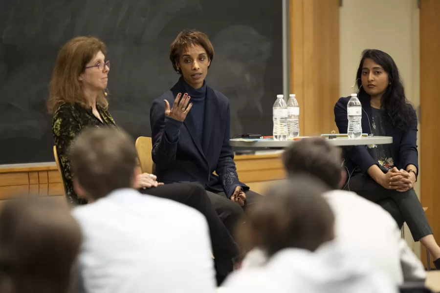 Cecilia Rouse, who serves as chair of the White House Council of Economic Advisers and is a professor of economics and public affairs at Princeton University, meets with Bates students at a welcome reception hosted by the Bates student club WE@Bates (Women in Economics) at the Fireplace Lounge on April 7, 2022.

Later in the evening, Elmer W. Campbell Professor of Economics Lynne Lewis and Assistant Professor of Economics Nivedhitha Subramanian engaged Rouse in a lively Q&A session in Pettengill Hall’s Keck Classroom, followed by audience questions from students, faculty, and staff.

Women in Economics provides a welcoming space for Bates students to explore the historically male-dominated fields of economics, finance, and consulting through mentorship groups; talks with leading researchers and Bates alumni; and support for students in discovering post-college opportunities.

Rouse holds the Lawrence and Shirley Katzman and Lewis and Anna Ernst Professorship in the Economics of Education at Princeton.
