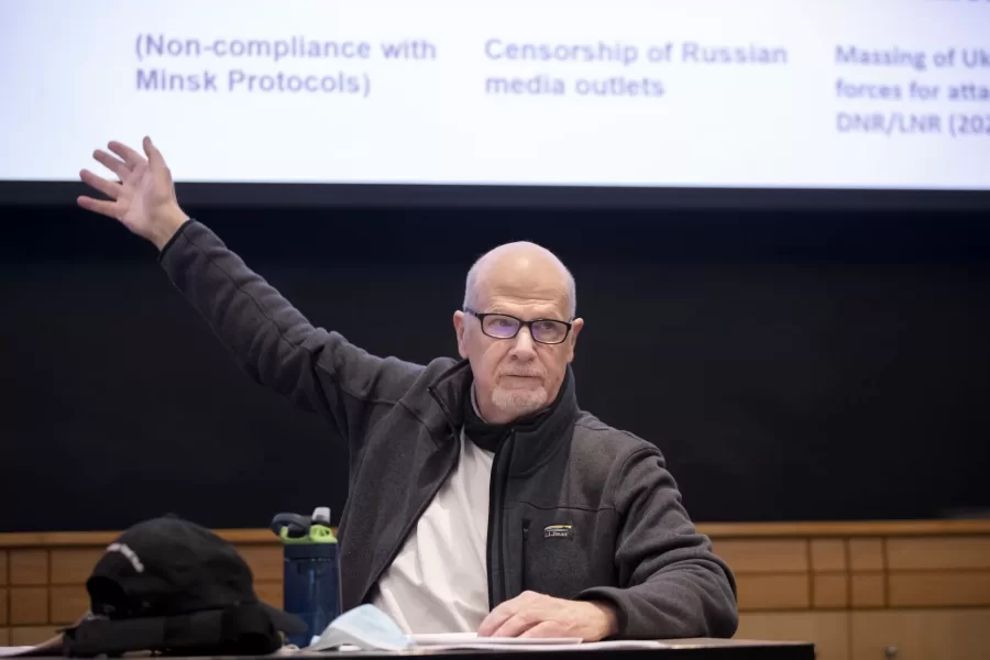 The Russian invasion of Ukraine on February 24 was an alarming turn after weeks of Russian military build-up along Ukraine’s borders and has been met with widespread condemnation. This crisis raises massive concerns for the safety and sovereignty of the people of Ukraine, but it also raises crucial questions about the relationship between the countries of the former Soviet Union and Europe and about the relationship between nationalism, national identity, and nations.

A multidisciplinary panel of Bates faculty on Wednesday, March 9 at 4:15 pm in Pettengill G52 or on Zoom for a discussion of the military, political, and humanitarian conflicts surrounding the ongoing Russian invasion of Ukraine. This panel brings together perspectives from across the humanities and social sciences as we explore what this conflict means for Ukraine, Europe, Russia, and the world.

Panelists: Seated from left: Lecturer in Russian Cheryl Stephenson (GRS/EUS), Lecturer in Russian Marina Filipovic (GRS/EUS), Professor of Politics Jim Richter (Politics/EUS), and Associate Professor of Russian Dennis Browne (GRS/EUS). Moderated by Visiting Assistant Professor of Sociology Benjamin Moodie (Sociology/EUS). Associate Professor of German Jakub Kazecki handled Zoom call and digital slides.