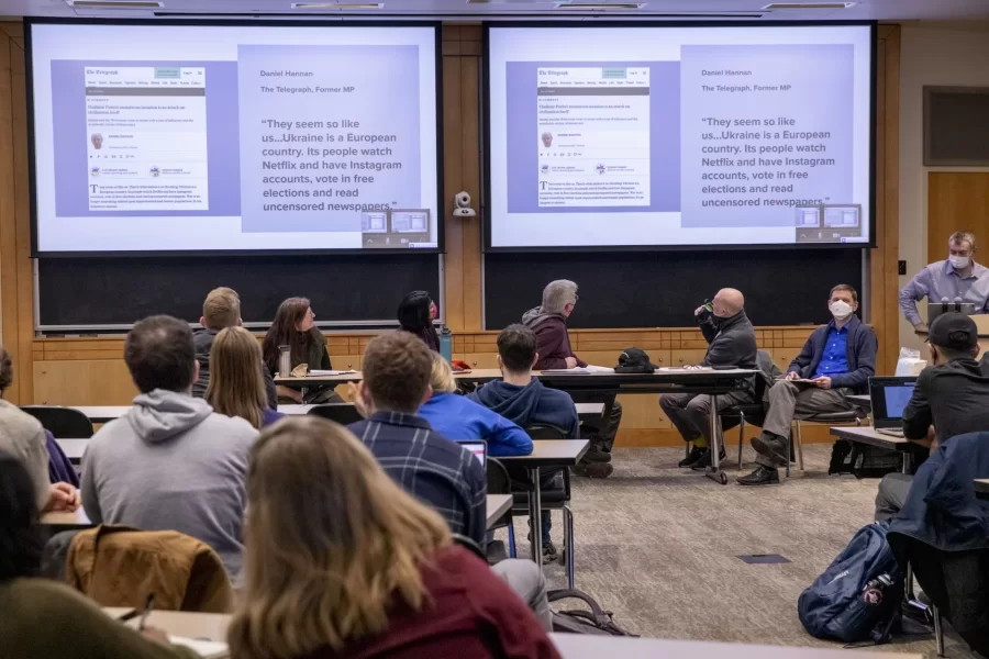 The Russian invasion of Ukraine on February 24 was an alarming turn after weeks of Russian military build-up along Ukraine’s borders and has been met with widespread condemnation. This crisis raises massive concerns for the safety and sovereignty of the people of Ukraine, but it also raises crucial questions about the relationship between the countries of the former Soviet Union and Europe and about the relationship between nationalism, national identity, and nations.

A multidisciplinary panel of Bates faculty on Wednesday, March 9 at 4:15 pm in Pettengill G52 or on Zoom for a discussion of the military, political, and humanitarian conflicts surrounding the ongoing Russian invasion of Ukraine. This panel brings together perspectives from across the humanities and social sciences as we explore what this conflict means for Ukraine, Europe, Russia, and the world.

Panelists: Seated from left: Lecturer in Russian Cheryl Stephenson (GRS/EUS), Lecturer in Russian Marina Filipovic (GRS/EUS), Professor of Politics Jim Richter (Politics/EUS), and Associate Professor of Russian Dennis Browne (GRS/EUS). Moderated by Visiting Assistant Professor of Sociology Benjamin Moodie (Sociology/EUS). Associate Professor of German Jakub Kazecki handled Zoom call and digital slides.