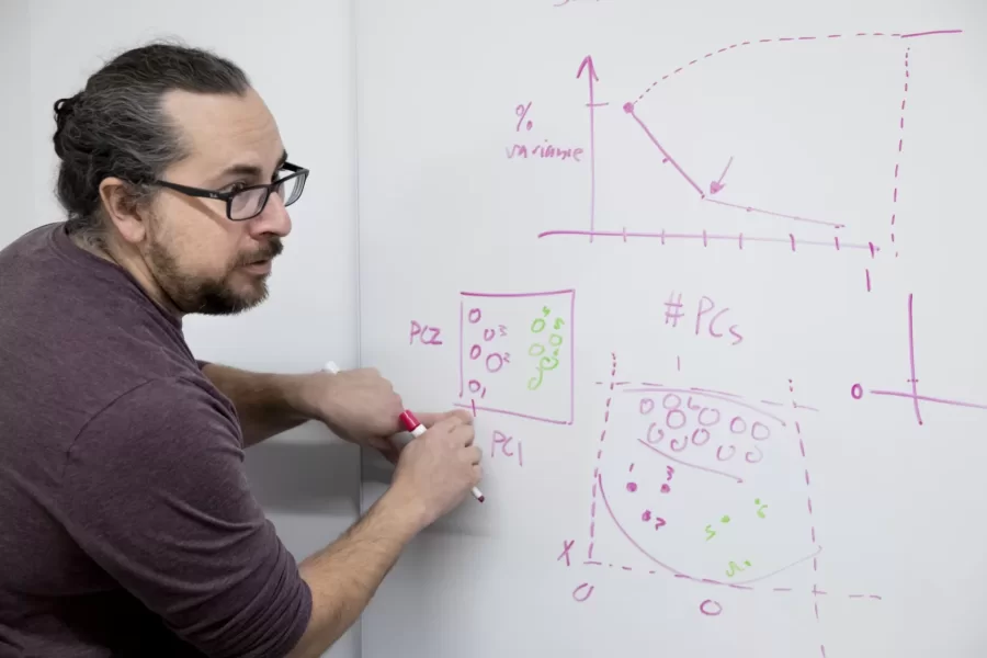 Associate Professor of Neuroscience Jason Castro meets with two of his thesis students in Bonney 283.

John Loftus ’22 of Palo Alto, Calif., a double major in neuroscience and art and visual culture (studio art), and Juliet Bockhorst ’22 of Westwood, Mass., a neuroscience major.
