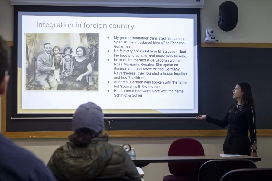 The Mount David Summit 2023 Panel: German Literature and Identity, 
Clayton Spencer listens as Erica Parker '23 presents: "Feeling of BEing. Home" (Raluca Cernahoschi, German and Russian Studies)