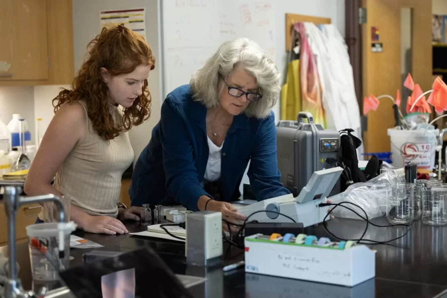 Professor of Earth and Climate Sciences Beverly Johnson takes her summer research students into her Carnegie Science lab the day after they visited Bates-Morse Mountain to study blue carbon cycling in salt marshes.

Also in Johnson’s lab was Phil Dostie, Laboratory Manger Environmental Geo Chemistry Lab

An EPA regional assessment of blue carbon stocks has recently been released.  Maine data are almost entirely from Johnson’s lab so Bates is heavily featured (mostly her thesis students).

Anna Sarazin (EACS 2024; funded by Maine Sea Grant) ---- short with red/blonde hair
Kate Dickson (EACS 2024; funded by Maine Sea Grant) ---- tall, carried the backpack, red hair
Hayden Eckblom (EACS 2025; funded by Maine Climate Science Information Exchange) --- the only male
Fiona Wilson (Biology, 2025; funded by Maine Community Foundation) ----- the one wearing all the netting, blondish/red hair in pigtails
Evelyn Marchand (EACS 2026; funded by Maine Community Foundation) --- dark hair