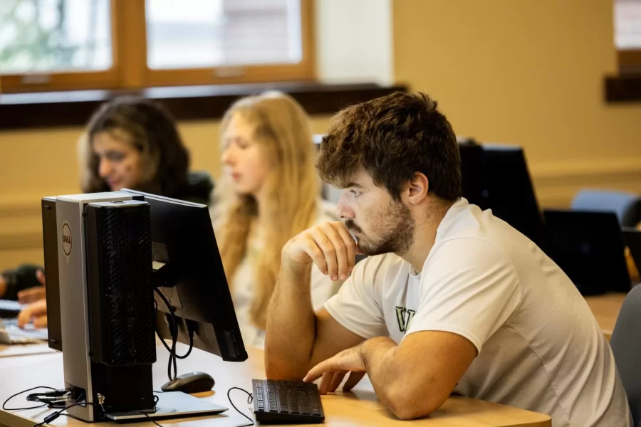 Visiting Assistant Professor of Digital and Computational Studies Chris Agbonkhese teaches DCS 109 - Intro to Computer Science for Software Development” in Hedge G18 on Oct. 4, 2023.

This course is an introduction to computational thinking and problem solving via an introduction to computer programming, designed for students interested in broadly applying computing and software solutions across a range of disciplines. It considers computing as a discipline of study, exploring the representation and manipulation of data, fundamental algorithms, efficiency, and limits of computing. Students learn fundamentals of computer programming using Python, including basic data structures, flow control structures, functions, recursion, elementary object-oriented programming, and file I/O, as well as discussion of higher-level concepts including abstraction, modularity, reuse, testing, and debugging. By implementing programs in contexts such as image processing, voting algorithms, DNA sequence analysis, and simple games, students develop an understanding of computational problem solving and gain experience in broadly applicable software development skills.

One of the topics presented and discussed was “recall: for loop and if-statements.”