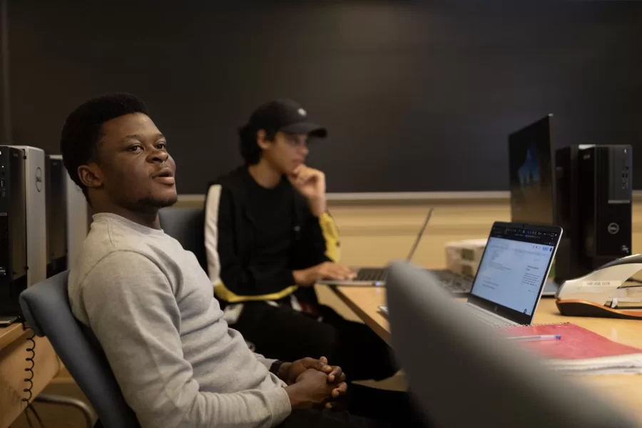 Visiting Assistant Professor of Digital and Computational Studies Chris Agbonkhese teaches DCS 109 - Intro to Computer Science for Software Development” in Hedge G18 on Oct. 4, 2023.

This course is an introduction to computational thinking and problem solving via an introduction to computer programming, designed for students interested in broadly applying computing and software solutions across a range of disciplines. It considers computing as a discipline of study, exploring the representation and manipulation of data, fundamental algorithms, efficiency, and limits of computing. Students learn fundamentals of computer programming using Python, including basic data structures, flow control structures, functions, recursion, elementary object-oriented programming, and file I/O, as well as discussion of higher-level concepts including abstraction, modularity, reuse, testing, and debugging. By implementing programs in contexts such as image processing, voting algorithms, DNA sequence analysis, and simple games, students develop an understanding of computational problem solving and gain experience in broadly applicable software development skills.

One of the topics presented and discussed was “recall: for loop and if-statements.”