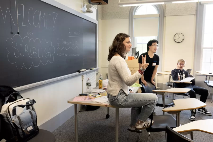 Lewiston Middle School students participate in a WriteIn! Program on May 20, 2024, with with Bates student tutors from the Bates Student Writing and Language Center. 


These two classes of LMS students taught by LMS English teacher Elizabeth Arlene were led in a creative writing exercise in Hathorn Hall  by Bates students George Miller and Amy XX?? And Ahige Api ’27 and Lexi Inter ’26. The activity was called Scriblish where one person started a story by writing one line and passing it along for a total of five writers (or you could add a drawing) until a story was completed and read aloud to the group.