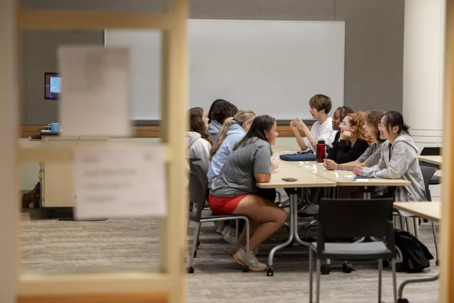 Moments from the First-Year Seminar Meeting and Advising with Seulgie Lim, assistant professor of politics, “Gender Without Borders" in Pettengill G65 on August 30, 2024.

(Theophil Syslo | Bates College)