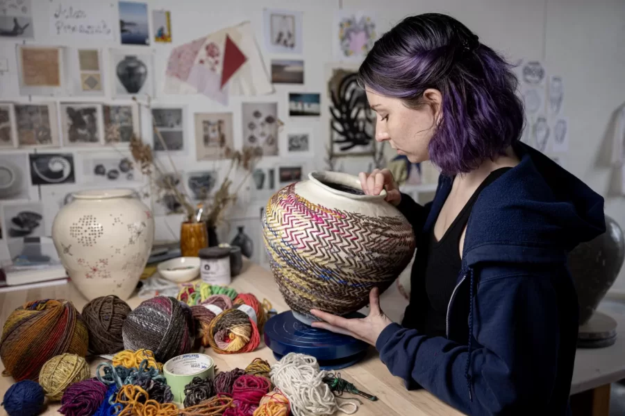 Taking place in the spring of each year, this exhibition highlights work selected from the thesis projects of graduating seniors in Studio Art. This year, seven emerging artists will present work in various media:

Alex Provasnik ’25 in her Olin Studio with her paintings

Elizabeth R. Barrow
Miryam Keller
Avery Lehman
Erin McCarthy
Alex Provasnik
Lila Schaefer
Danny J. Zuniga Zarat

Thesis projects vary from student to student, each pursuing an individual interest. The emphasis of the program is on creating a cohesive body of related works through sustained studio practice and critical inquiry. The year-long process is overseen by Art & Visual Culture (AVC) faculty, and culminates in this exhibition. The Bates College Museum of Art maintains a close relationship with the college’s AVC department, and is committed to supporting the work of Bates students through this Annual Senior Thesis Exhibition. 

To see more about the artists’ work, visit the website: https://www.bates.edu/museum/exhibitions/senior-thesis-exhibition-2025/