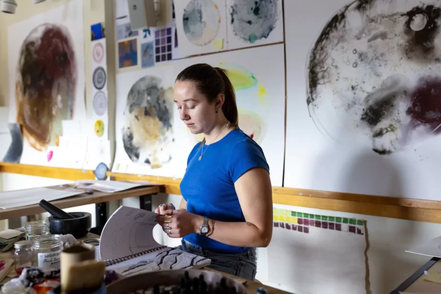 Taking place in the spring of each year, this exhibition highlights work selected from the thesis projects of graduating seniors in Studio Art. This year, seven emerging artists will present work in various media:

Miryam Keller ’25 with her work in her Olin Studio


Elizabeth R. Barrow
Miryam Keller
Avery Lehman
Erin McCarthy
Alex Provasnik
Lila Schaefer
Danny J. Zuniga Zarat

Thesis projects vary from student to student, each pursuing an individual interest. The emphasis of the program is on creating a cohesive body of related works through sustained studio practice and critical inquiry. The year-long process is overseen by Art & Visual Culture (AVC) faculty, and culminates in this exhibition. The Bates College Museum of Art maintains a close relationship with the college’s AVC department, and is committed to supporting the work of Bates students through this Annual Senior Thesis Exhibition. 

To see more about the artists’ work, visit the website: https://www.bates.edu/museum/exhibitions/senior-thesis-exhibition-2025/