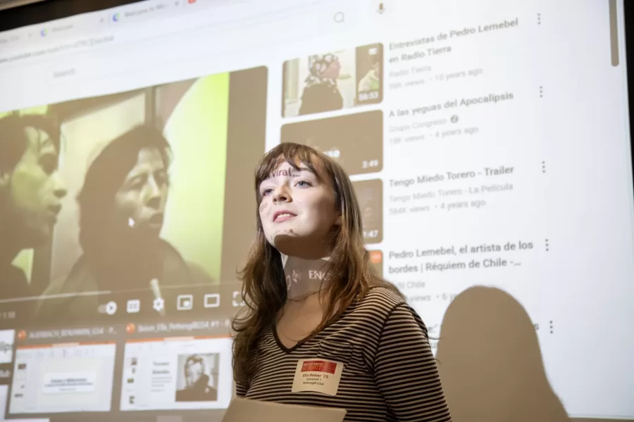 Ella Beiser '25 presents her Hispanic Studies thesis on the work of queer Chilean activist Pedro Lemebel during the Hispanic Studies Panel.