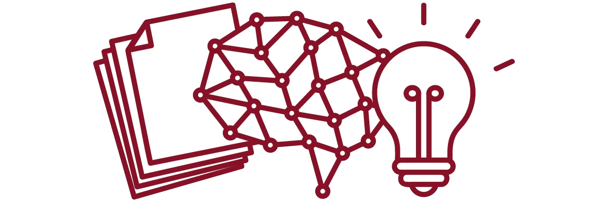 Garnet iconography with brain, lightbulb, and stack of papers