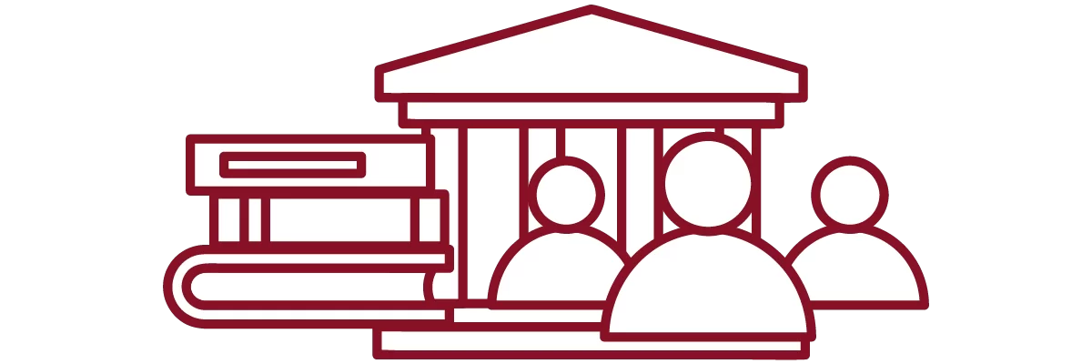 Garnet iconography with academic building, people, and stack of books