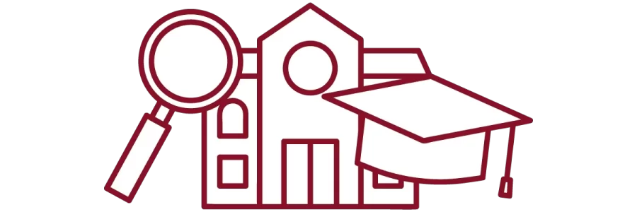 Garnet iconography with academic building, graduation cap, and magnifying glass