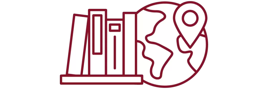 garnet iconography with books on a shelf, globe, and map marker