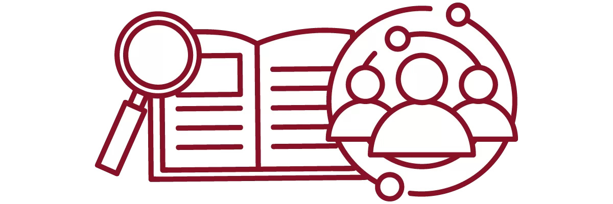 garnet iconography with magnifying glass, open book, and people in front of concentric circles