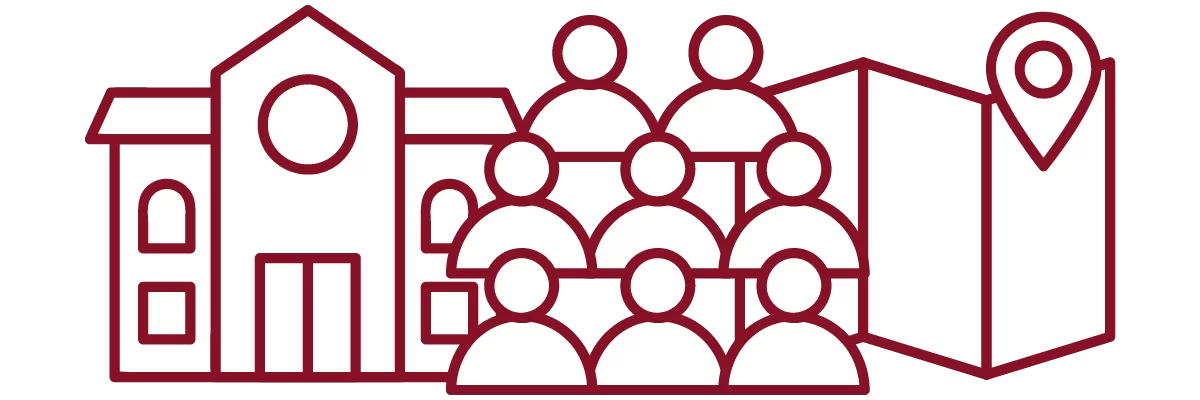 garnet iconography with academic building, crowd of people, and tri-fold map