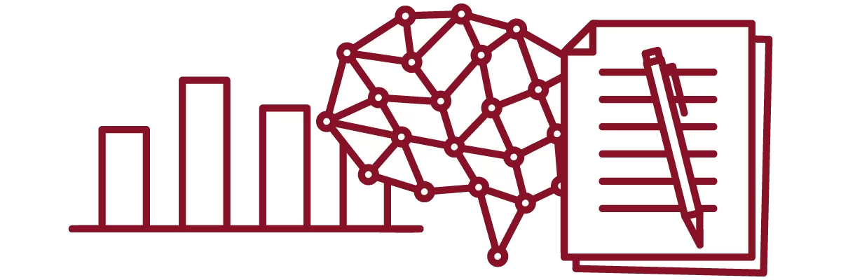 garnet iconography with bar graph, brain, notes on paper, and a pen