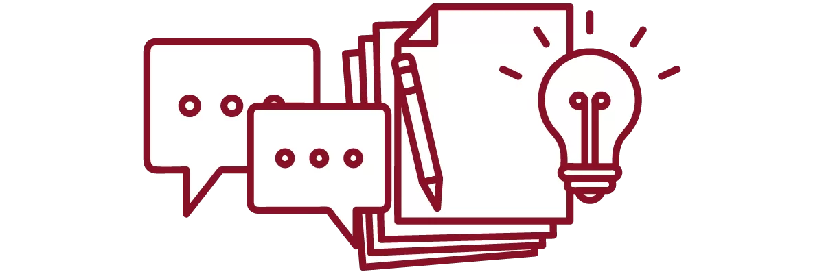 garnet iconography with speech bubbles, stack of paper, pencil, and lightbulb