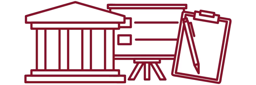 garnet iconography with academic building, presentation slide, and clipboard with pen