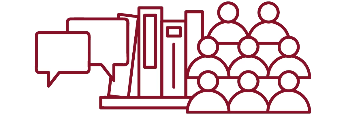 garnet iconography with speech bubbles, books on a shelf, and crowd of people