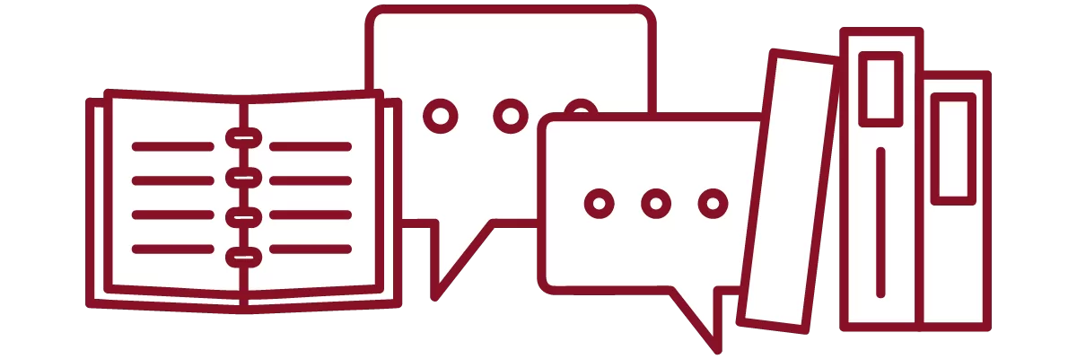 garnet iconography with open notebook, speech bubbles, and books