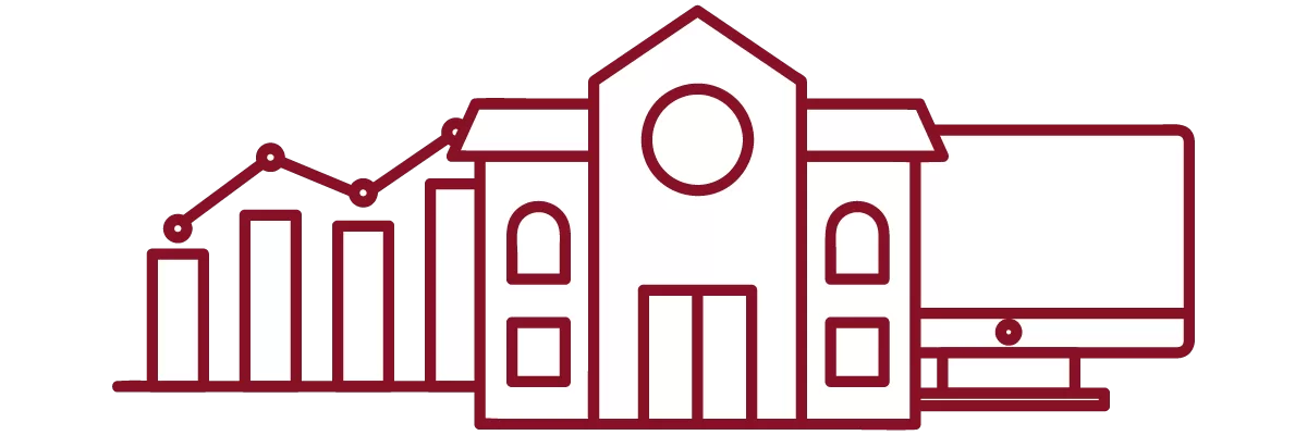 garnet iconography with bar graph, academic building, and desktop computer
