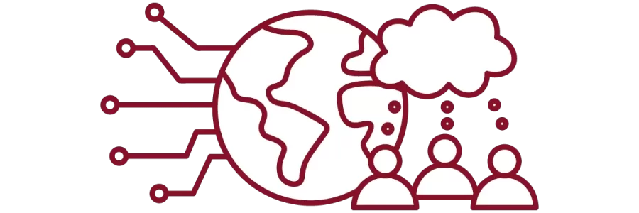 garnet iconography with circuit pathways, globe, and people with speech bubble