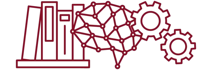 garnet iconography with books on a shelf, brain, and interlocking gears