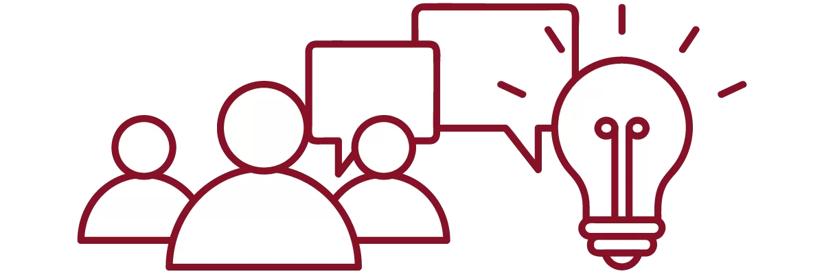 garnet iconography with people, speech bubbles, and lightbulb