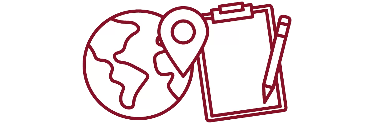 garnet iconography with globe, map maker, clipboard and pencil