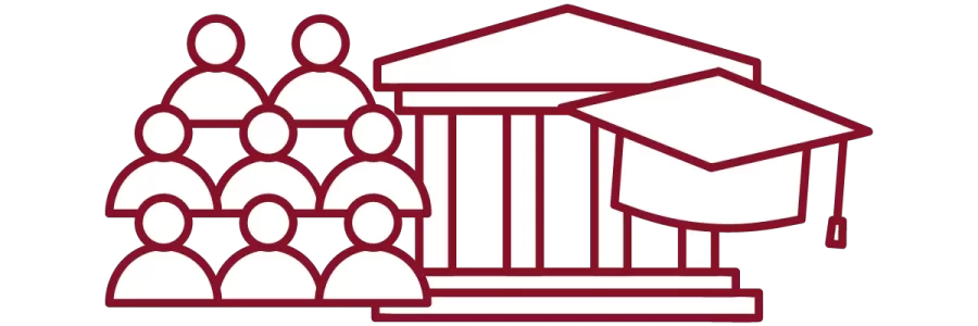 garnet iconography with crowd of people, academic building, and graduation cap